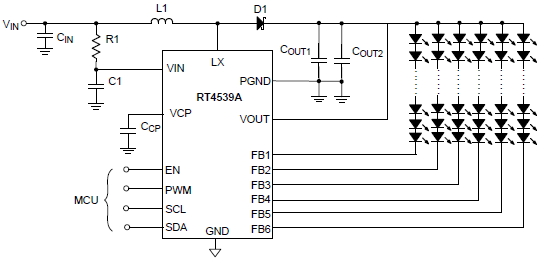 RT4539A - 39V High Efficiency Boost Converter with I2C Controlled 6-CH ...